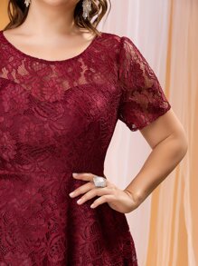 SHEIN Belle Vestido de graduación de encaje de bajo bajo con dobladillo asimétrico en color rojo borgoña talla grande - Burdeos - Ver 7