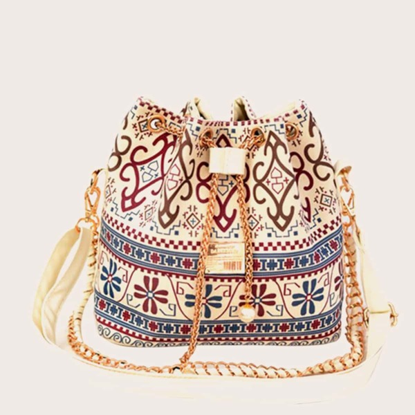 

Geo Graphic Drawstring Bucket Bag, Multicolor