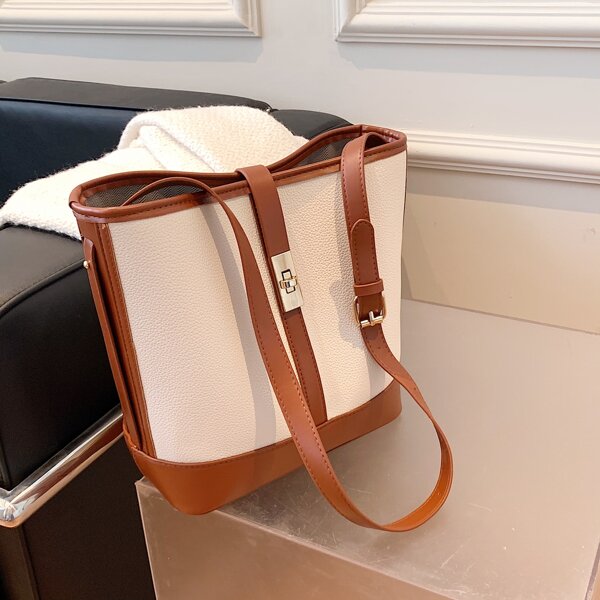 

Two Tone Twist Lock Bucket Bag, White