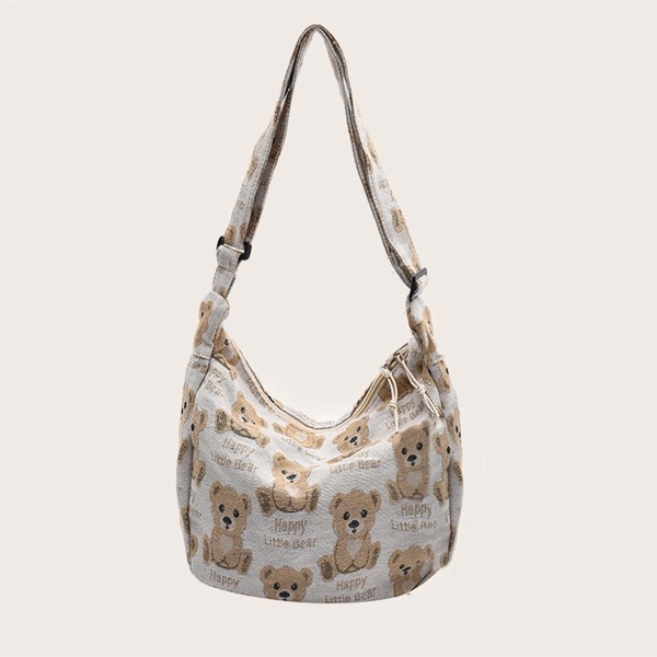 

Allover Cartoon Bear Graphic Baguette Bag, Beige