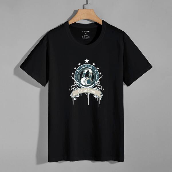 

Men Earphone & Letter Print Round Neck Tee, Black