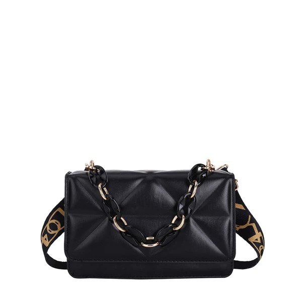 

Minimalist Chain Decor Textured Flap Square Bag, Black