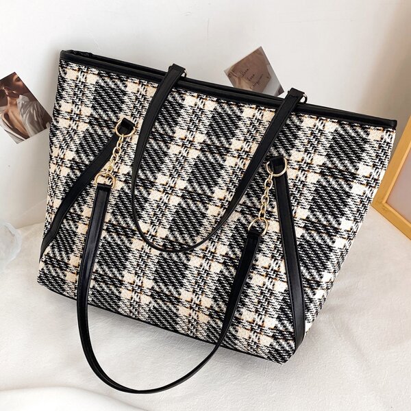 

Plaid Pattern Shoulder Tote Bag, Black