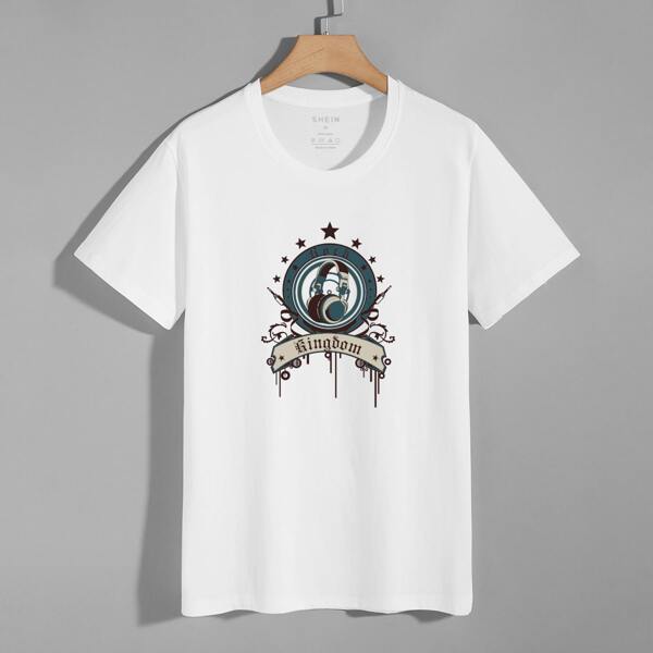 

Men Earphone & Letter Print Round Neck Tee, White