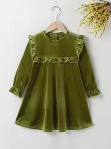 小女童褶邊後紐扣荷葉袖絲絨連衣裙 - 橄欖綠 - 查看 1