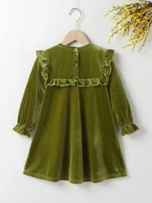 小女童褶邊後紐扣荷葉袖絲絨連衣裙 - 橄欖綠 - 查看 2