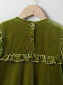 小女童褶邊後紐扣荷葉袖絲絨連衣裙 - 橄欖綠 - 查看 4