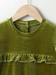 小女童褶邊後紐扣荷葉袖絲絨連衣裙 - 橄欖綠 - 查看 5