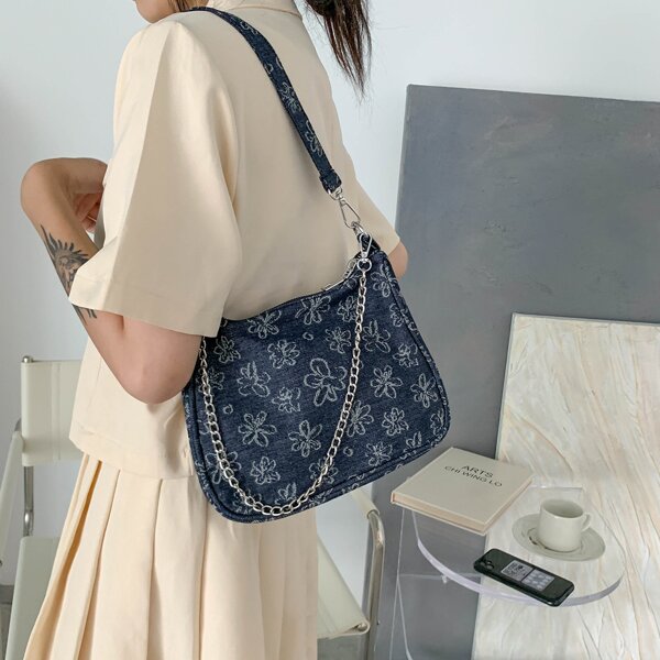 

Floral Graphic Chain Decor Shoulder Bag, Blue