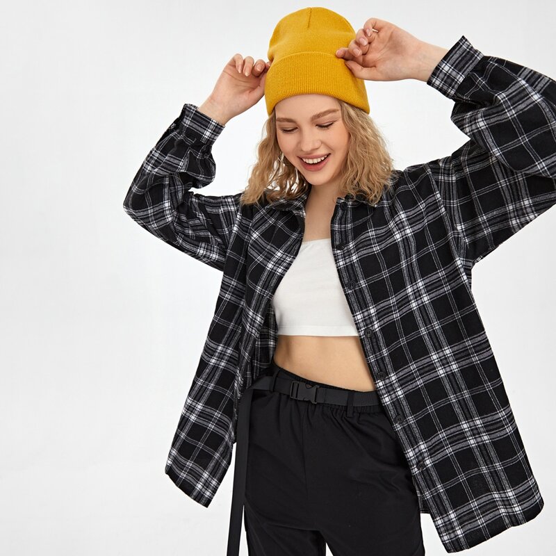 

Plaid Button Front Blouse, Black and white