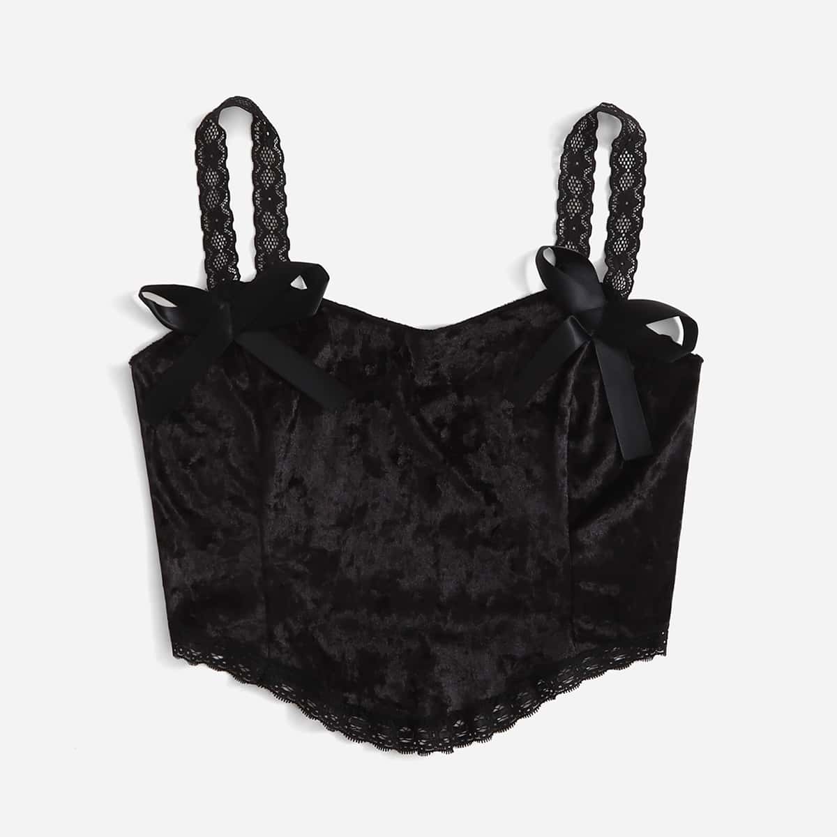 

Bow Front Contrast Lace Velvet Cami Top, Black