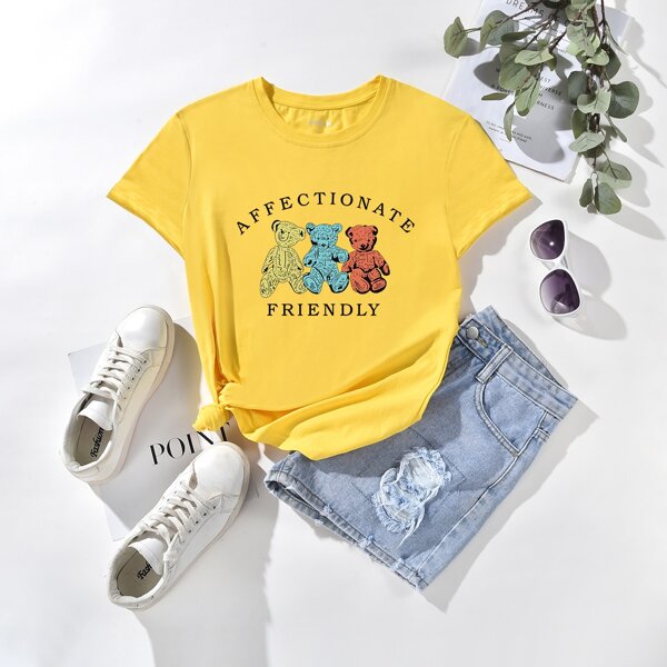 

Cartoon & Letter Print Round Neck Tee, Yellow