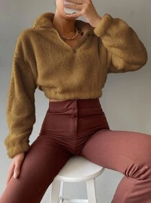 Half Zip Drop Shoulder Teddy Sweatshirt - Mocha Brown - View 1