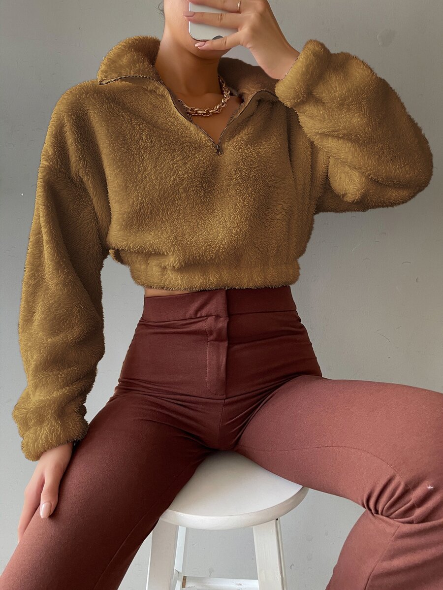 Half Zip Drop Shoulder Teddy Sweatshirt - Mocha Brown - View 1