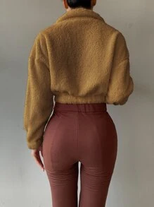 Half Zip Drop Shoulder Teddy Sweatshirt - Mocha Brown - View 2