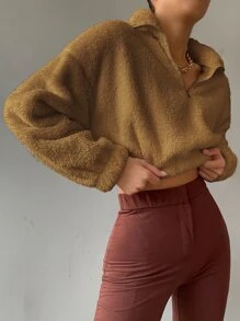 Half Zip Drop Shoulder Teddy Sweatshirt - Mocha Brown - View 3