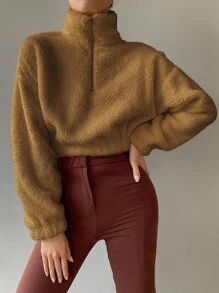 Half Zip Drop Shoulder Teddy Sweatshirt - Mocha Brown - View 5