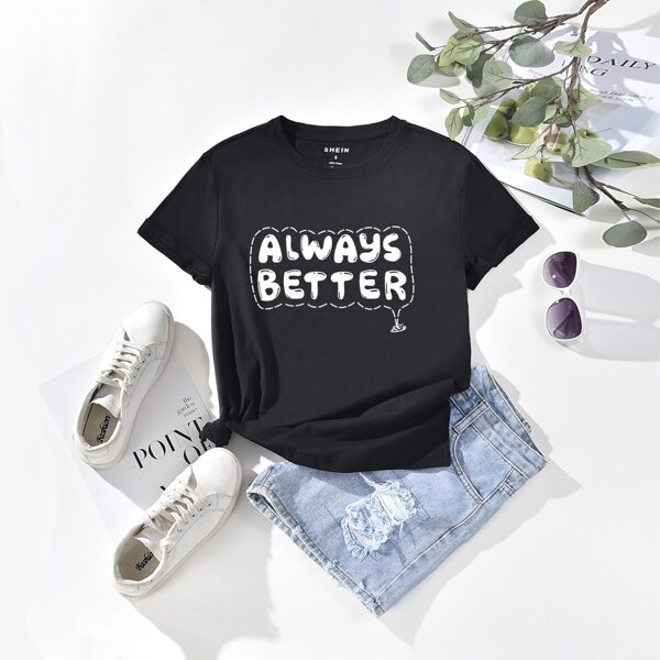 

Letter Print Round Neck Tee, Black