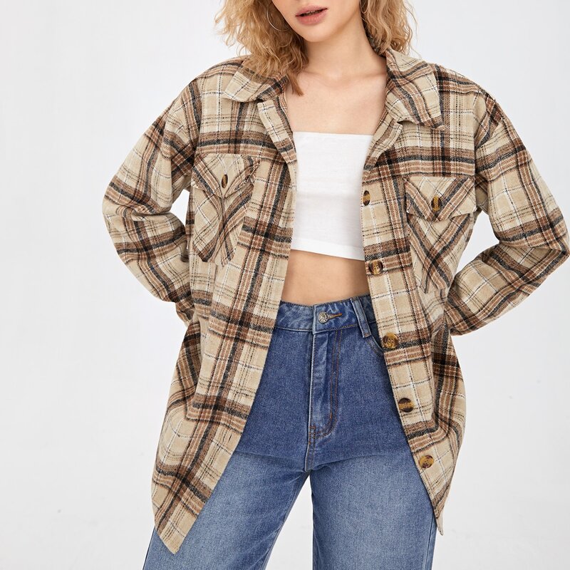 

Plaid Button Front Pocket Overshirt, Multicolor