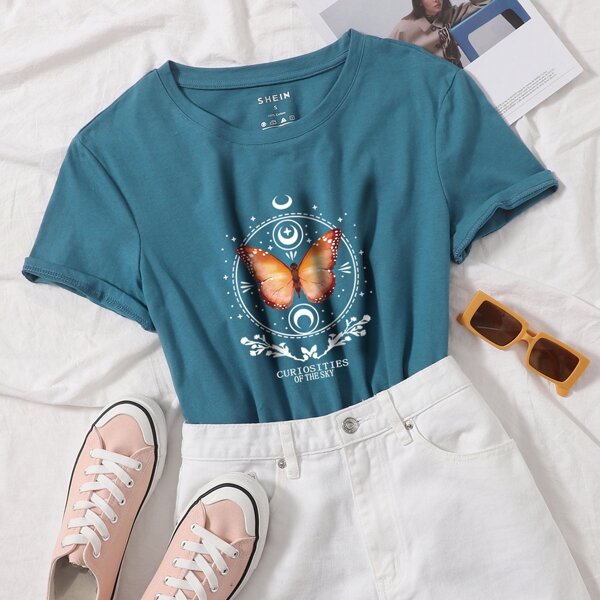 

Butterfly And Letter Graphic Tee, Teal blue