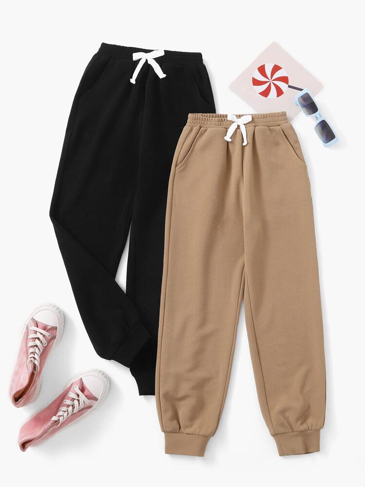 SHEIN 2件套少女休闲纯色弹力腰束口裤，时尚秋冬款 - 彩色 - 查看 1