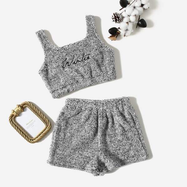 

Girls Letter Embroidery Teddy Tank Top & Shorts, Grey