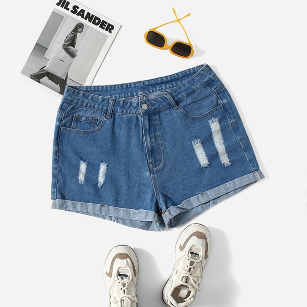 

Plus Ripped Roll Hem Denim Shorts, Medium wash