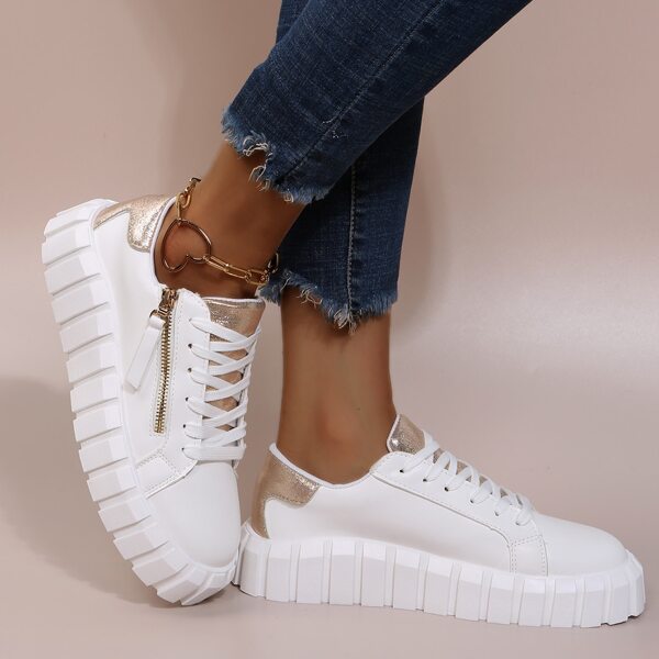 

Zip Decor Metallic Detail Lace-up Front Skate Shoes, White