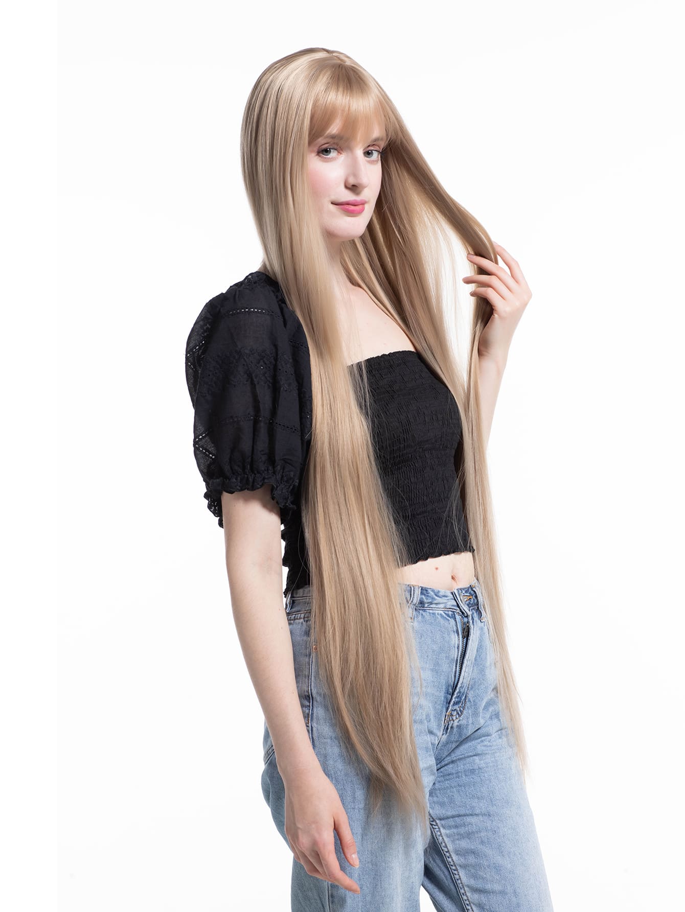 一米金色自然長直假髮劉海合成假髮 - 金色 - 查看 1