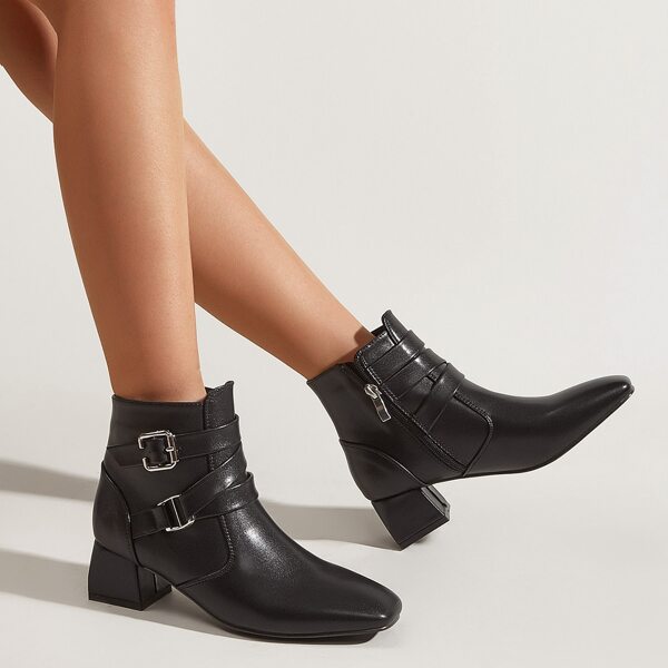

Buckle Decor Side Zipper Chunky Classic Boots, Black