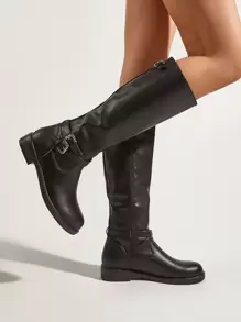 Buckle Decor Side Zipper Riding Boots - Black - View 1