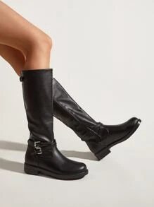 Buckle Decor Side Zipper Riding Boots - Black - View 2