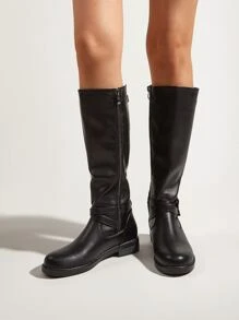 Buckle Decor Side Zipper Riding Boots - Black - View 3