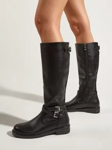 Buckle Decor Side Zipper Riding Boots - Black - View 4