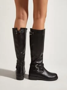Buckle Decor Side Zipper Riding Boots - Black - View 5