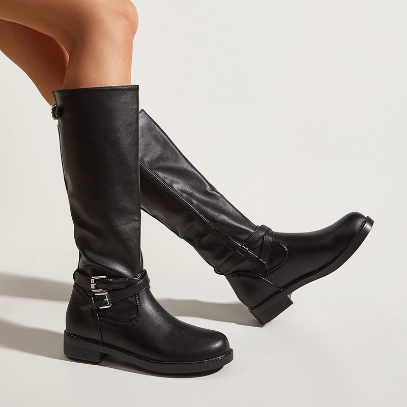 

Buckle Decor Side Zipper Riding Boots, Black