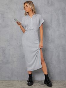 SHEIN Vestido de manga murciélago de muslo con abertura - Gris Claro - Ver 6