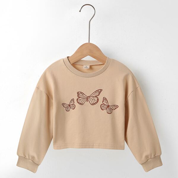 

Toddler Girls Butterfly Print Drop Shoulder Pullover, Khaki