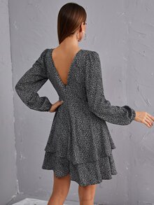SHEIN Essnce Ditsy Floral Print V Neck Cut Out Layered Dress - Black and White - View 3