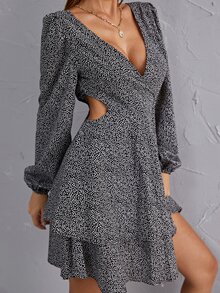 SHEIN Essnce Ditsy Floral Print V Neck Cut Out Layered Dress - Black and White - View 4