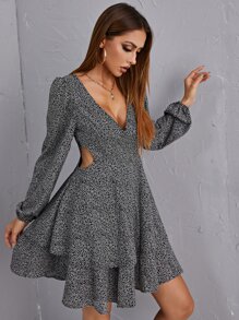 SHEIN Essnce Ditsy Floral Print V Neck Cut Out Layered Dress - Black and White - View 1
