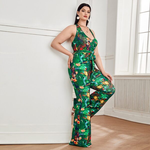 

Plus Floral Print Backless Halterneck Belted Flare Leg Jumpsuit, Multicolor
