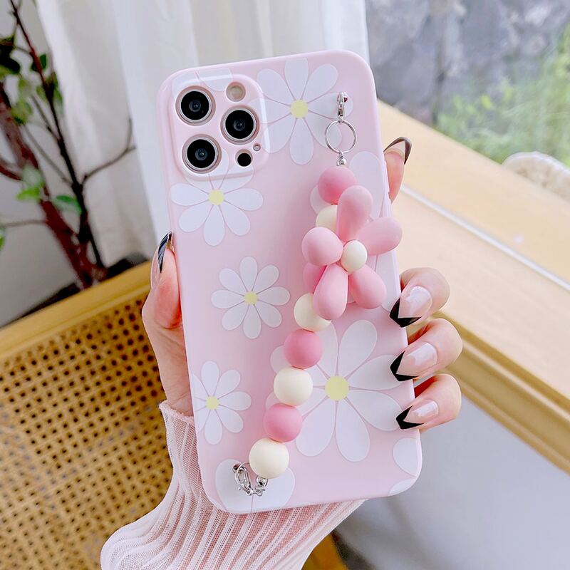 

Flower Pattern Phone Case With Beaded Hand Strap, Pink