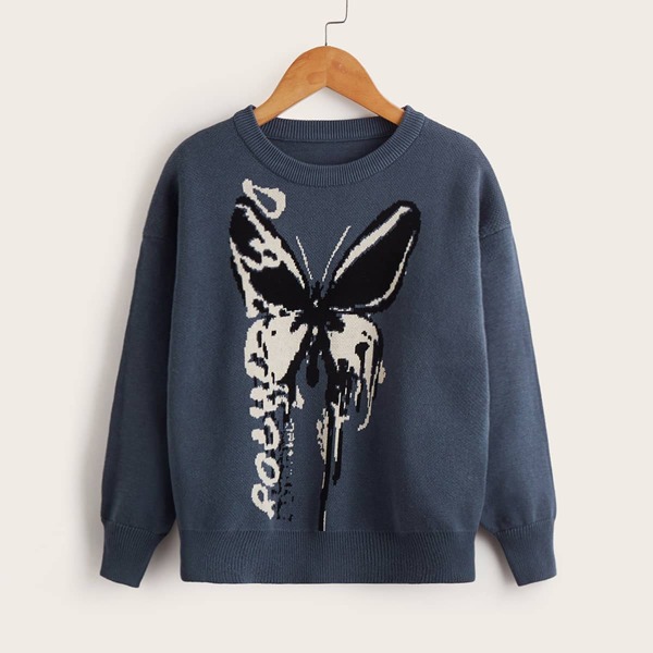 

Toddler Boys Letter And Butterfly Pattern Sweater, Grey