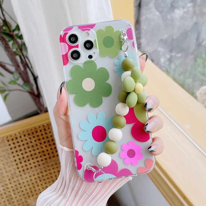 

Flower Pattern Phone Case With Beaded Hand Strap, Green