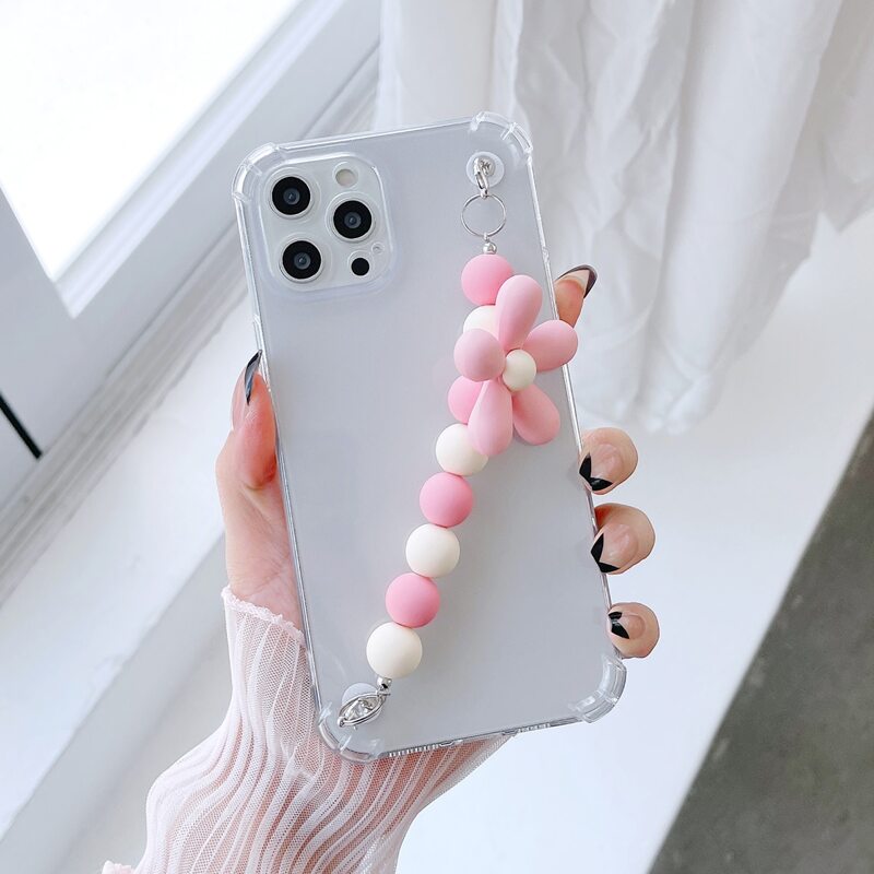 

Clear Phone Case With Beaded Hand Strap, Pink