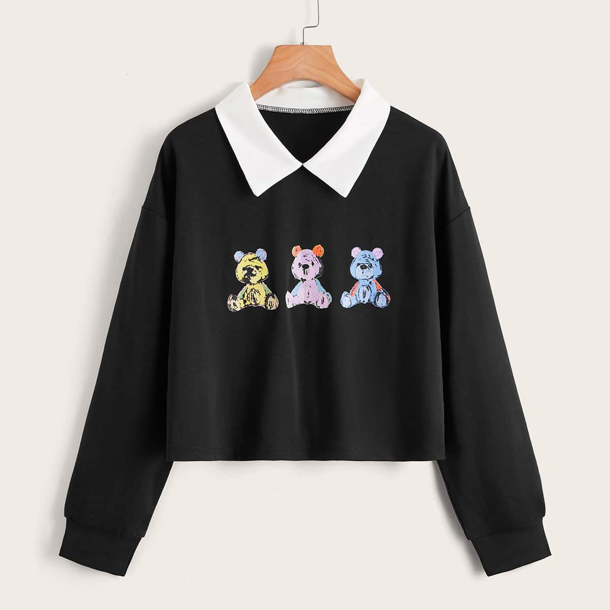 

Cartoon Bear Graphic Contrast Collar Crop Sweatshirt, Black