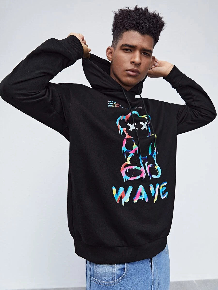 Manfinity Men Letter & Cartoon Graphic Drawstring Hoodie - Black - View 1