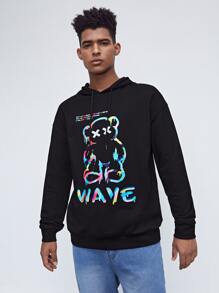 Manfinity Men Letter & Cartoon Graphic Drawstring Hoodie - Black - View 4