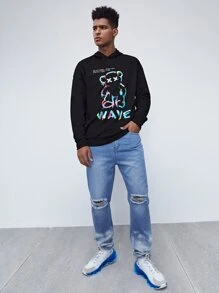 Manfinity Men Letter & Cartoon Graphic Drawstring Hoodie - Black - View 5